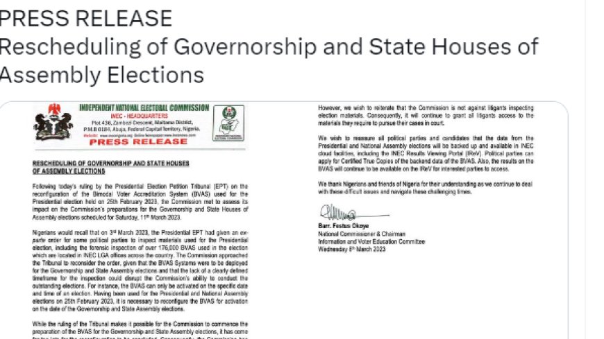 BREAKING: INEC Officially Postpones 2023 Governorship, State Assembly Elections, Announces New Date.